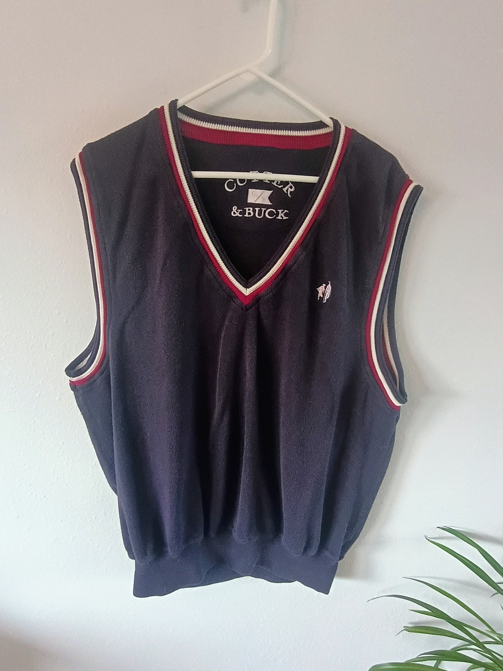 Cutter & Buck Mens Navy Cotton Sweater Vest Golf V Neck Preppy Striped Trim